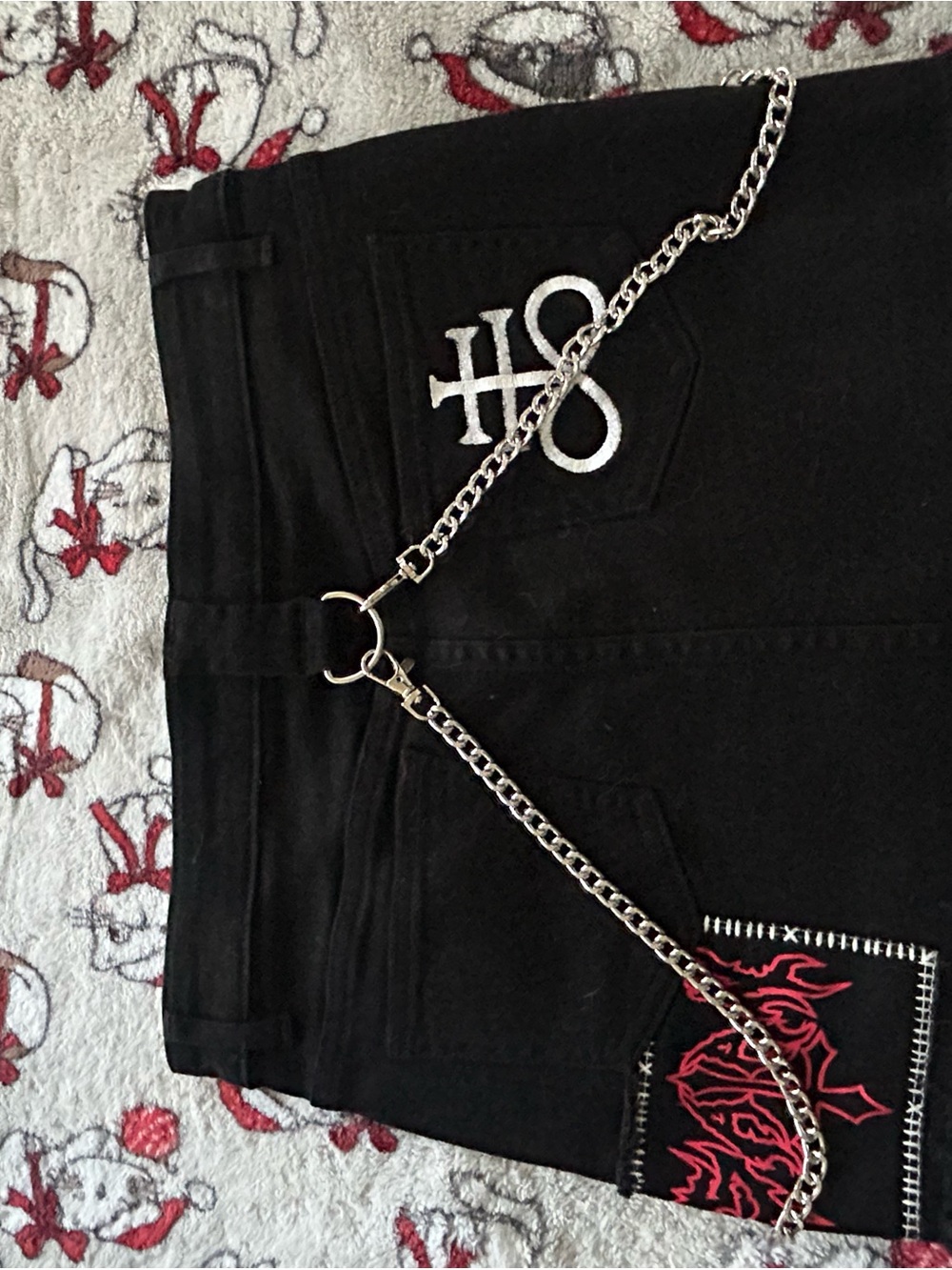 Black Goth/ Emo/ Punk Denim Mini Skirt with chains and embroidered patches. - Picture 4 of 7